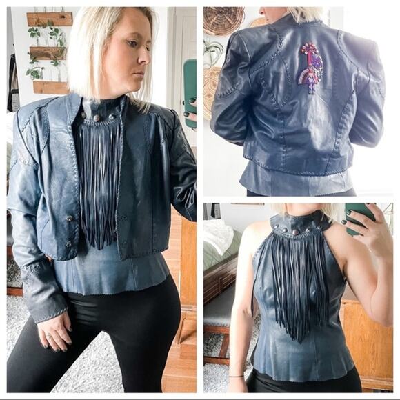 Gossamer Wings Navy Blue Vintage Leather Jacket Tank 2 Set Beaded Navajo Fringe - Picture 2 of 15